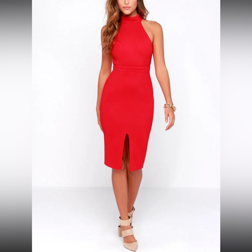 Lulu's Red Halter Bodycon Midi Dress